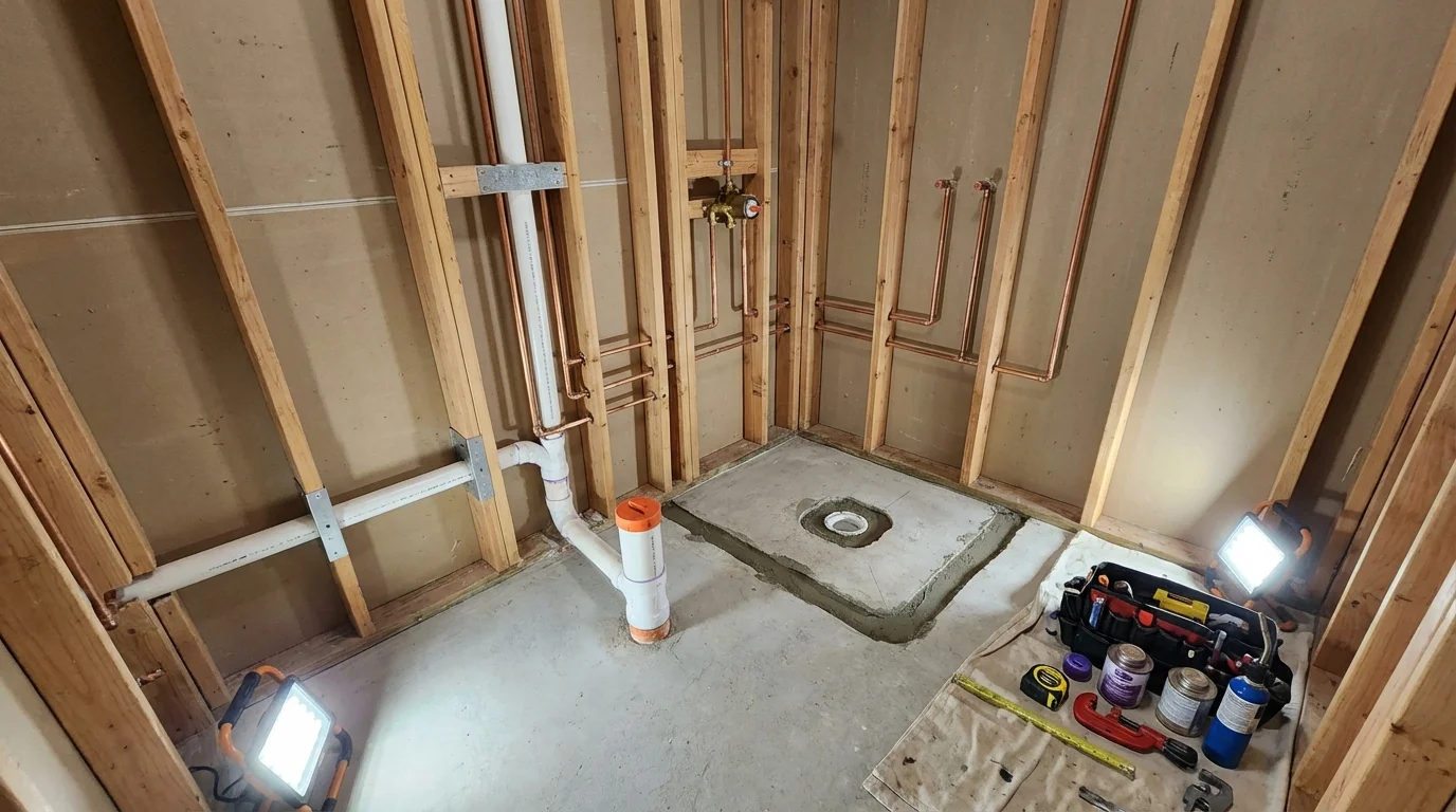 Bathroom rough-in plumbing during remodel by Johns Plumbing LLC in Divernon