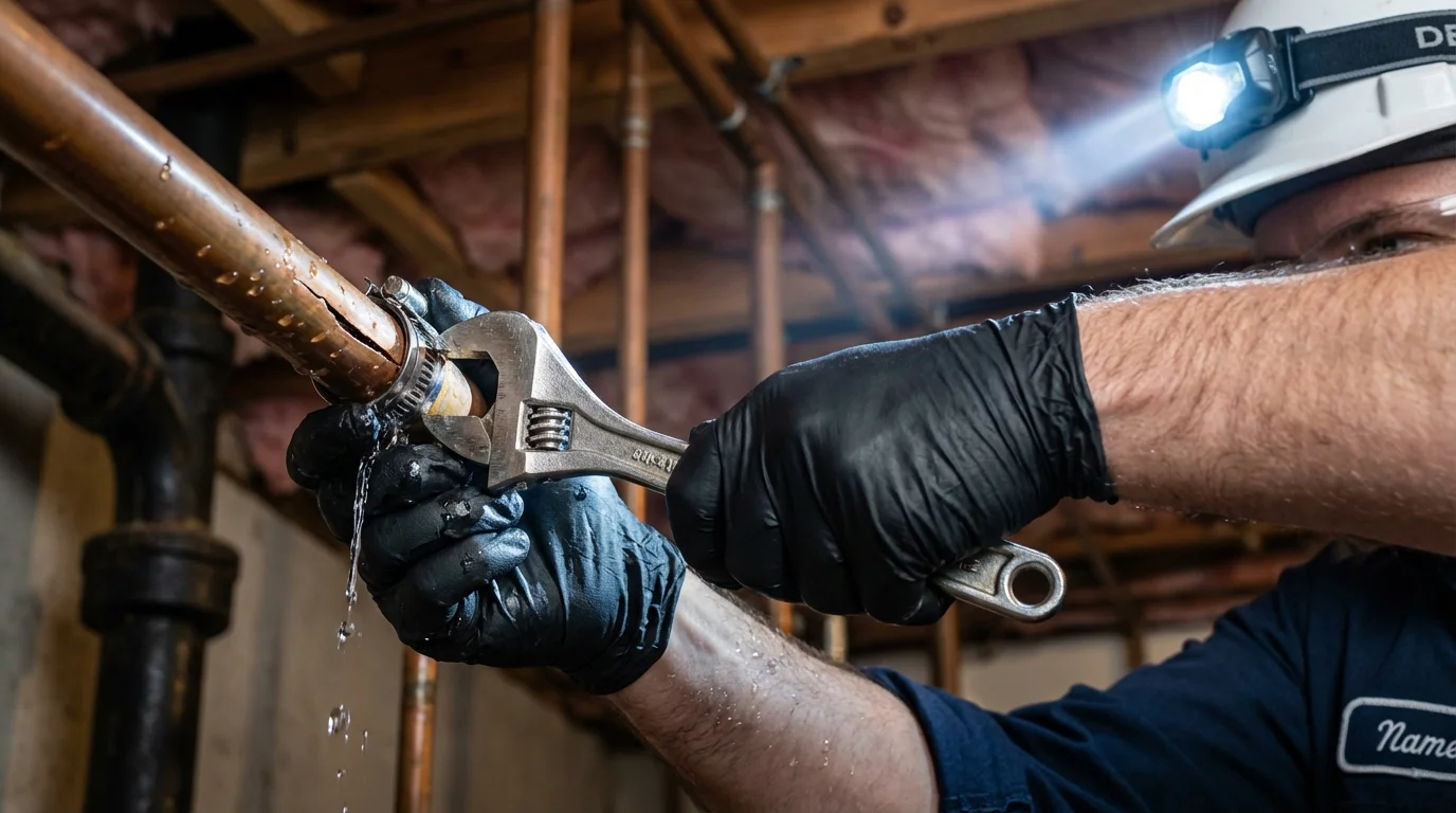 Emergency pipe clamp repair being performed by a Johns Plumbing LLC plumber in Divernon