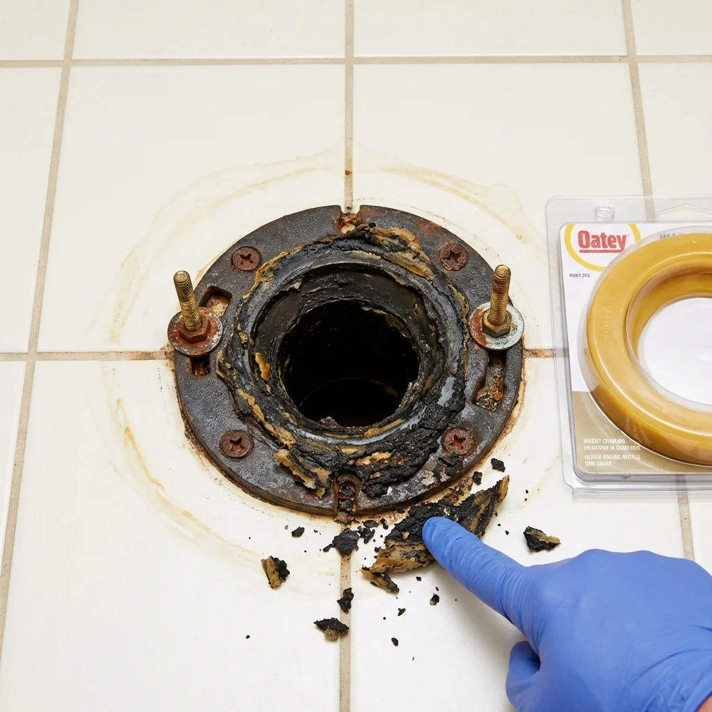 Failed wax ring showing water seepage at the base of a toilet in a Divernon, IL home