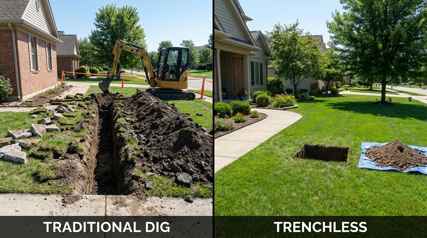 Trenchless sewer repair with minimal yard damage versus traditional excavation in Divernon, IL