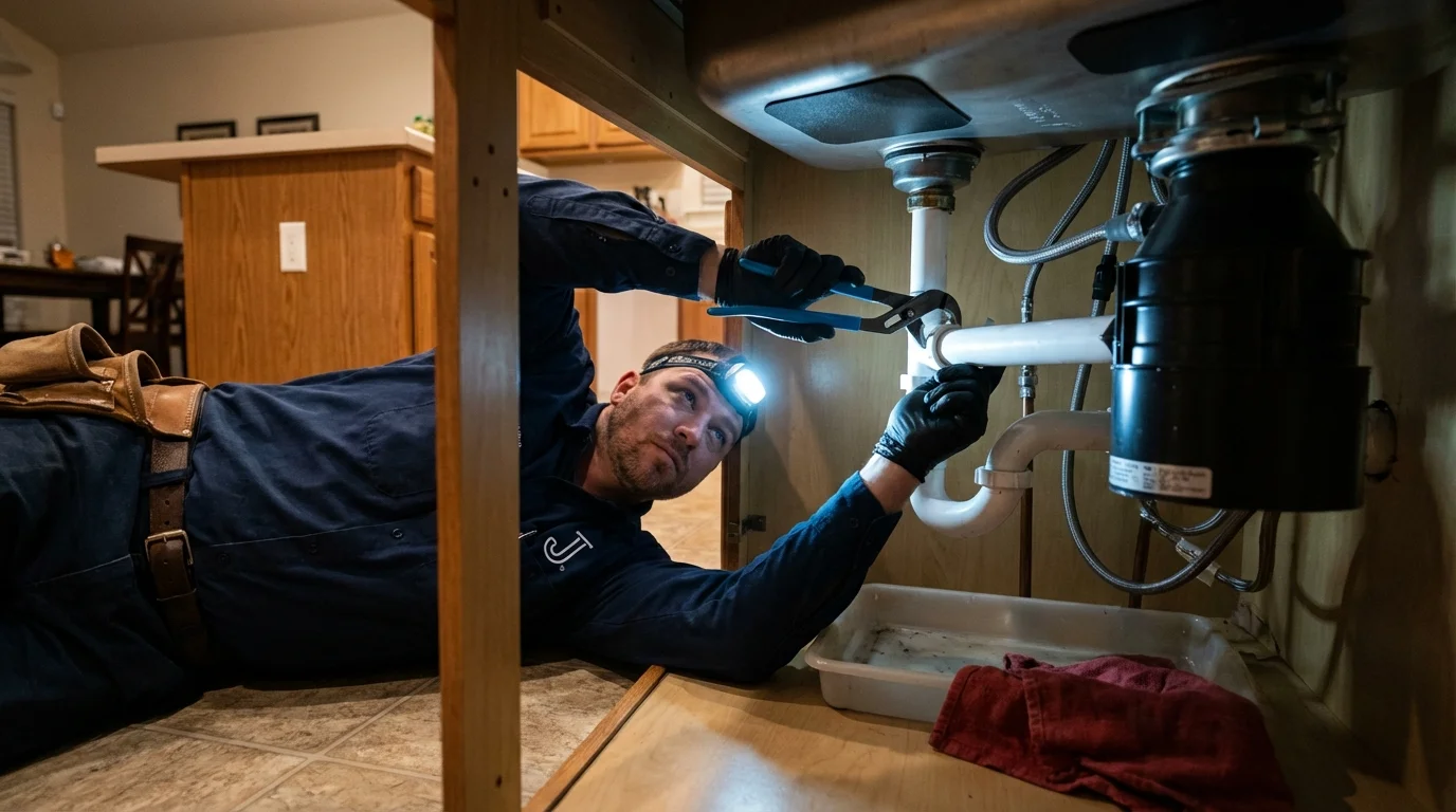 P-trap and supply line connections under a kitchen sink showing a common leak point in Divernon, IL